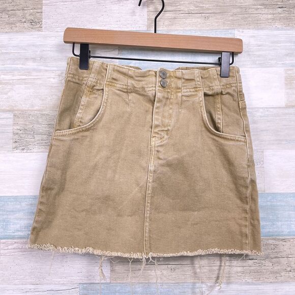 Free People Back Buckle Cut Off Denim Skirt Tan Mini Pencil Stretch Womens 2 - Picture 1 of 7